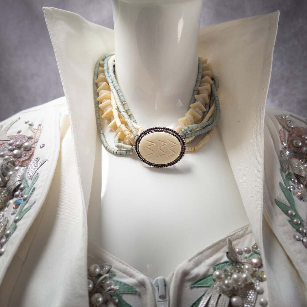 Vintage hand carved bone bead multi-strand choker pendant‎